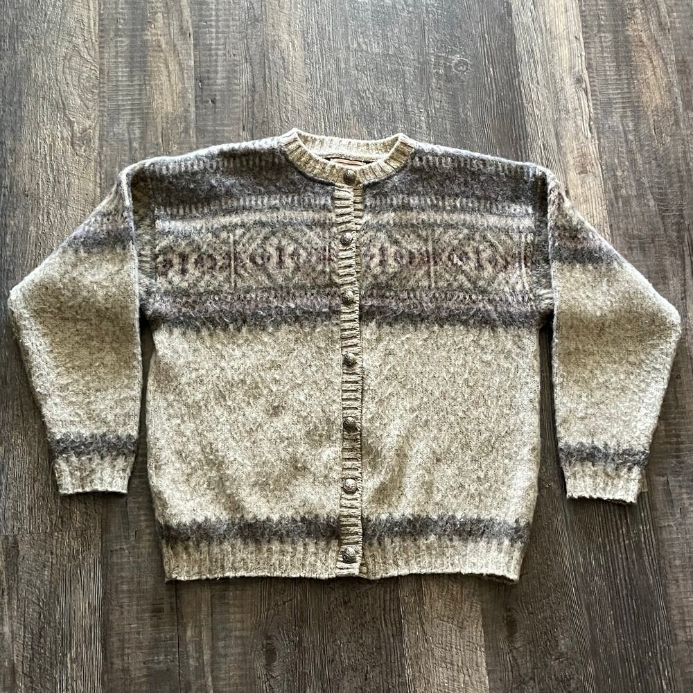 Vtg Woolrich Fair Isle Wool Cardigan Sweater M Oat Grey Nordic Metal Button USA
